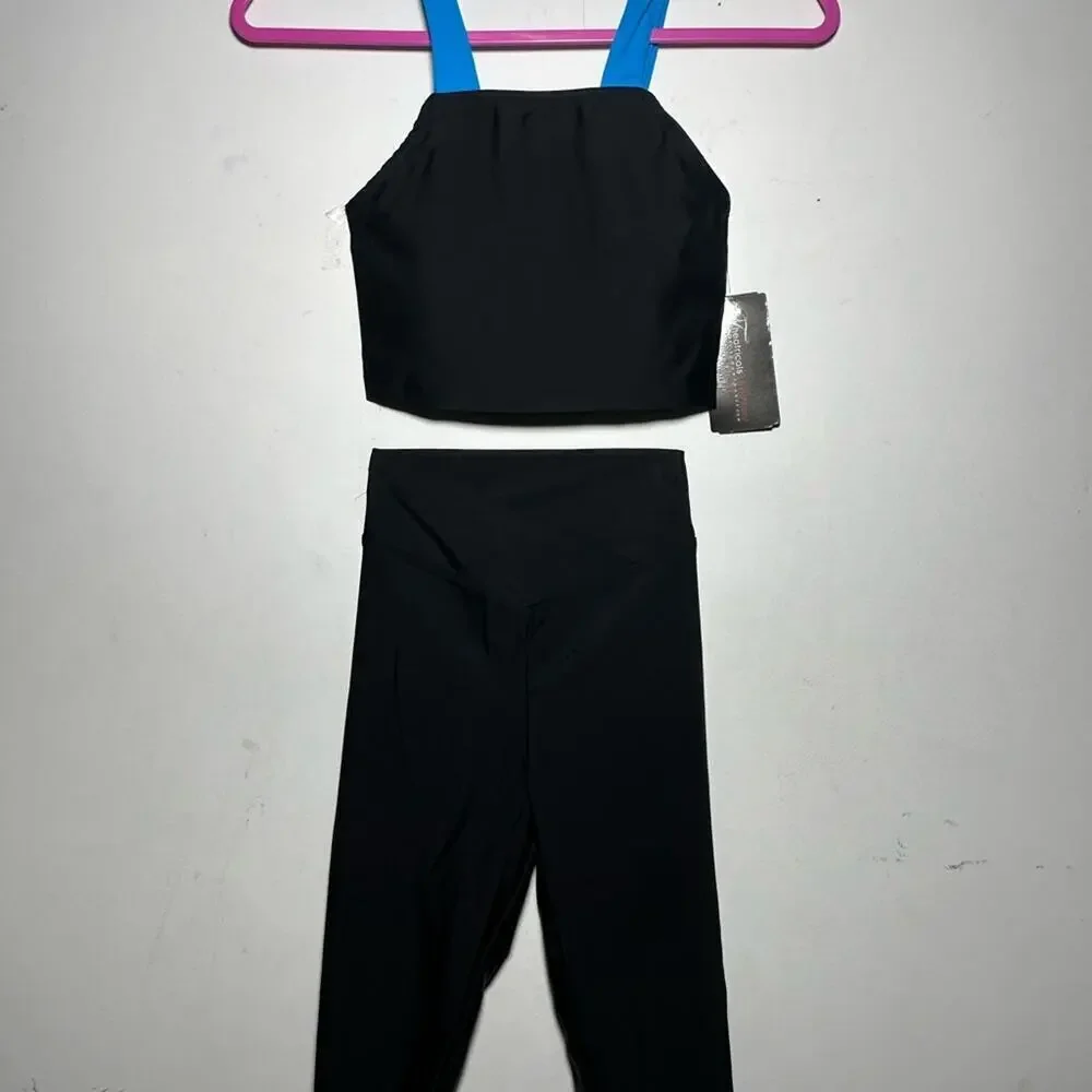 SET Theatricals Black Turquoise 2PC Dance Crop Top and Bike Shorts Adult XS NWT
